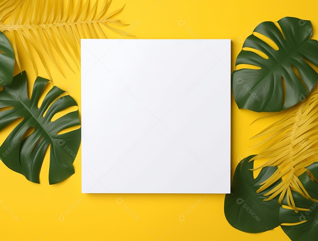 Papel em branco sobre fundo amarelo com flores e folhas.