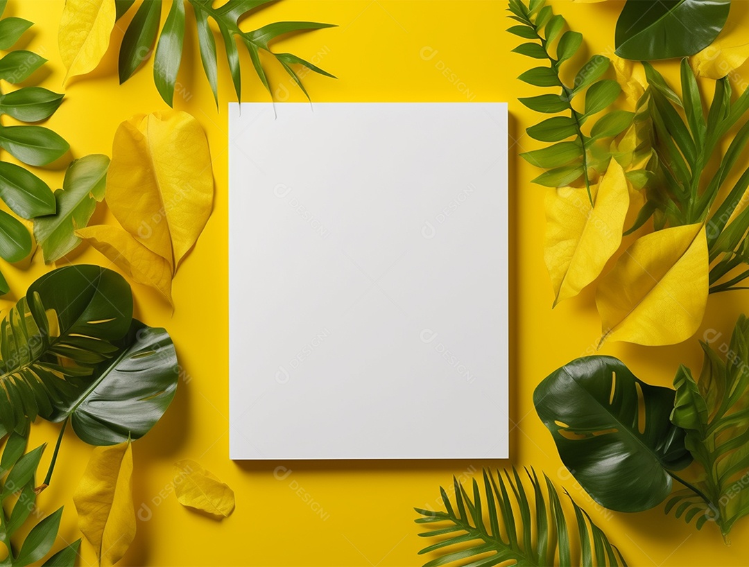 Papel em branco sobre fundo amarelo com folhas.