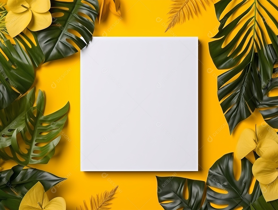 Papel em branco sobre fundo amarelo com folhas.