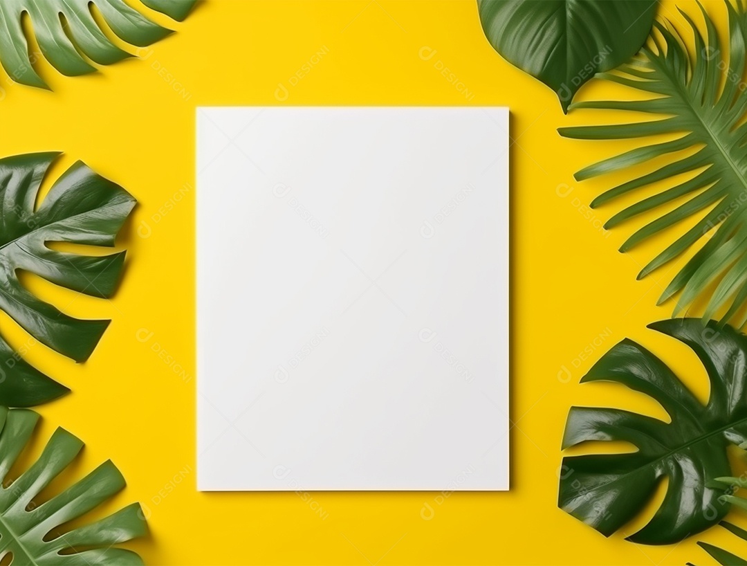 Papel em branco sobre fundo amarelo com folhas.