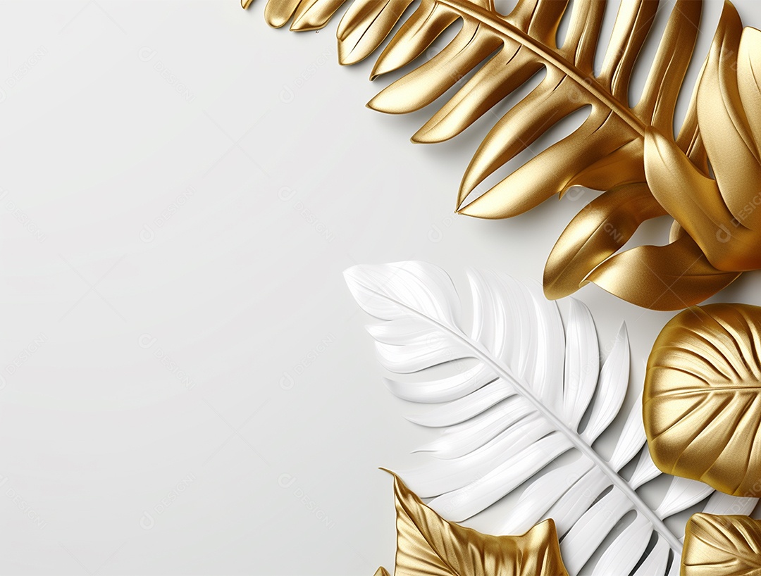 Folhas douradas e brancas sobre fundo branco.