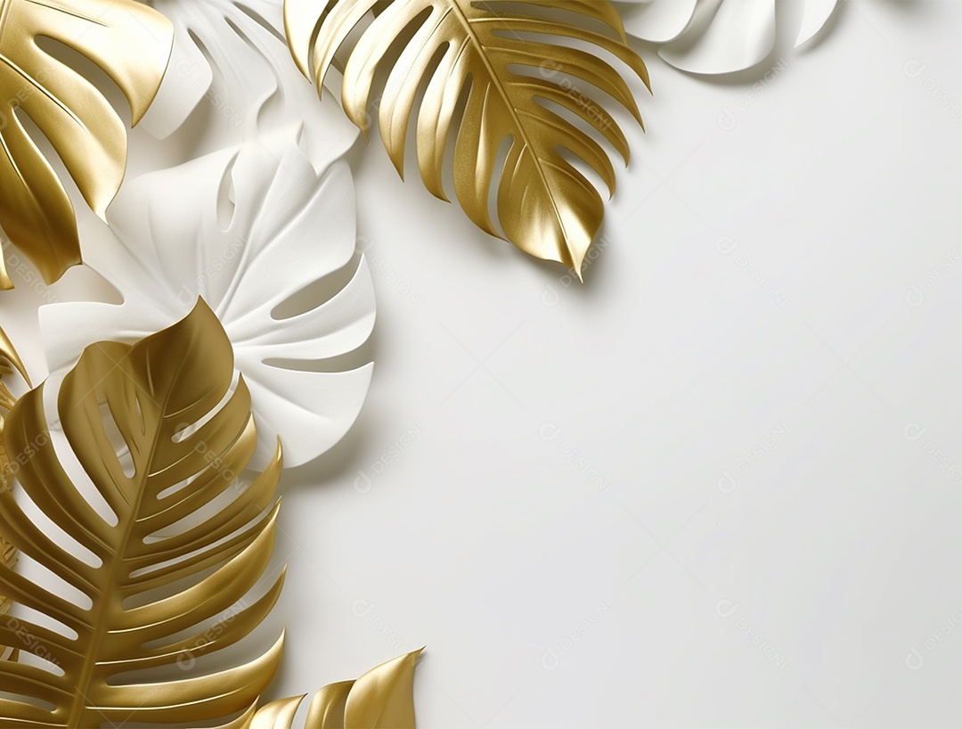 Folhas douradas e brancas sobre fundo branco.