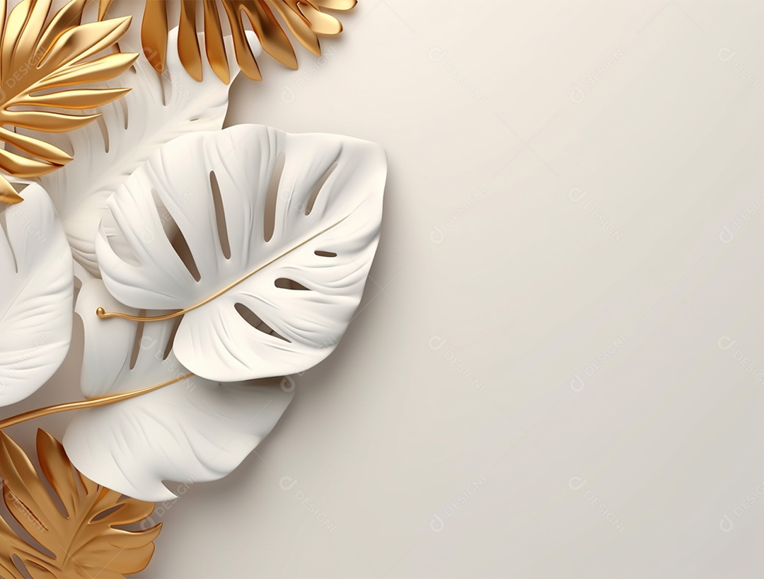 Folhas douradas e brancas sobre fundo branco.