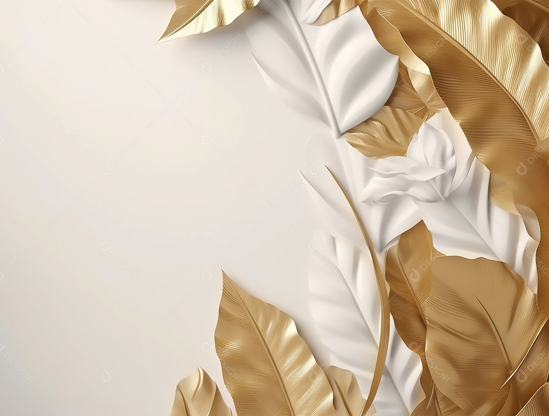 Folhas douradas e brancas sobre fundo branco.