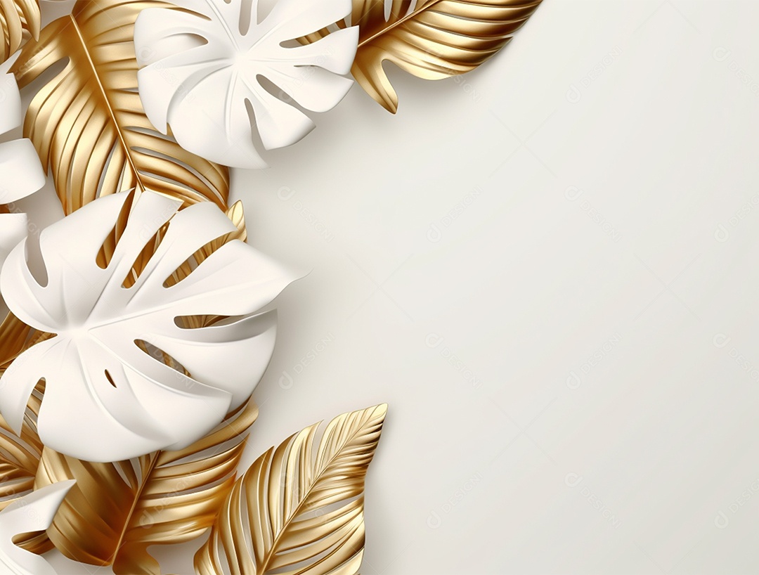 Folhas douradas e brancas sobre fundo branco.