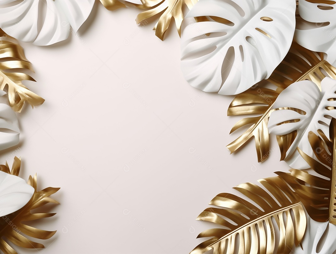 Folhas douradas e brancas sobre fundo branco.