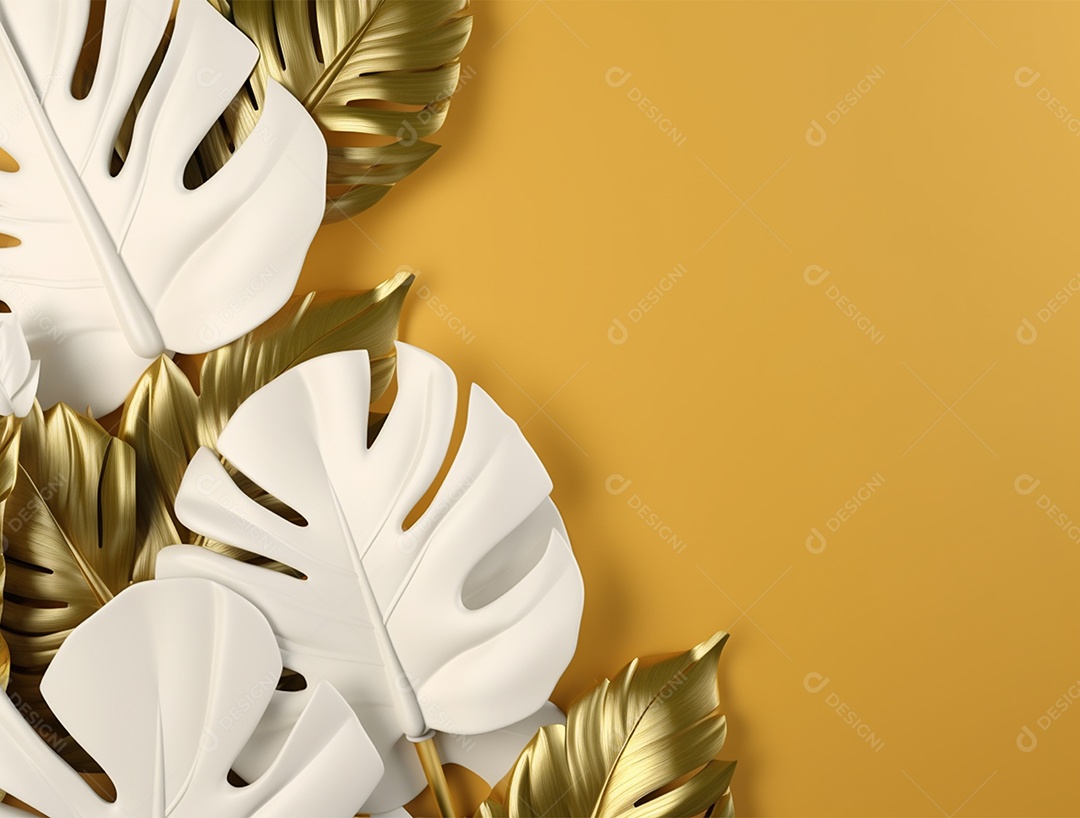 Folhas douradas e brancas sobre fundo amarelo.