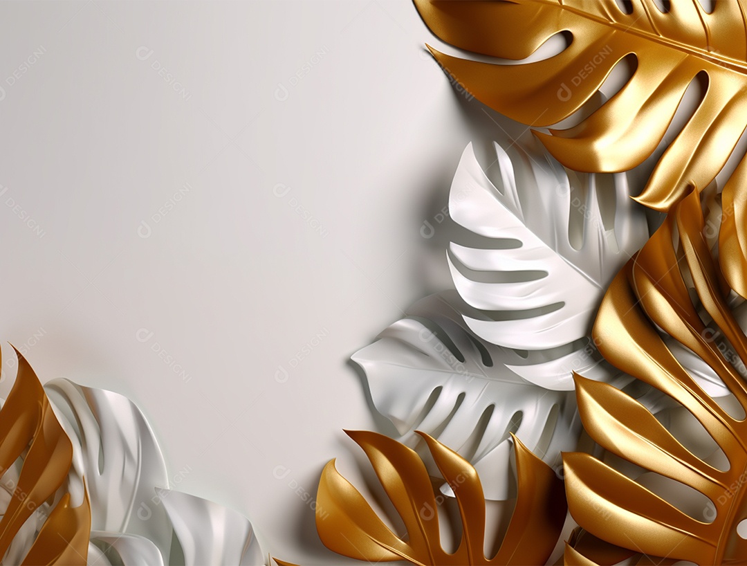 Folhas douradas e brancas sobre fundo branco.