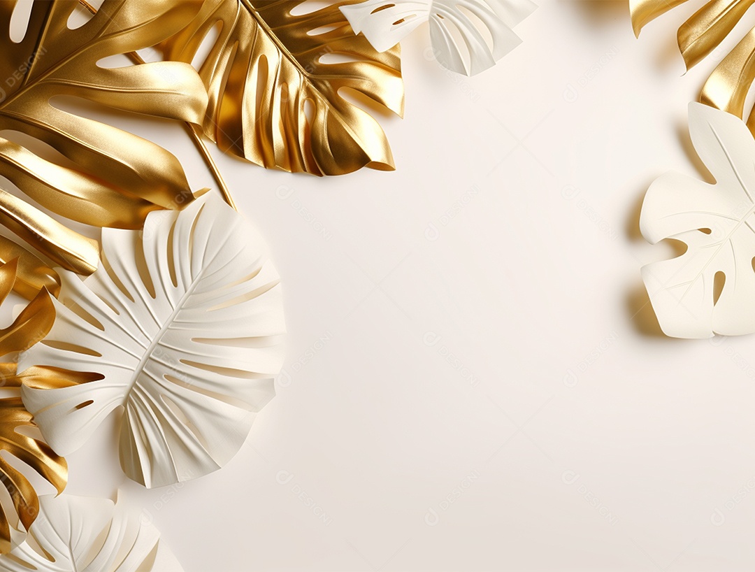 Folhas douradas e brancas sobre fundo branco.