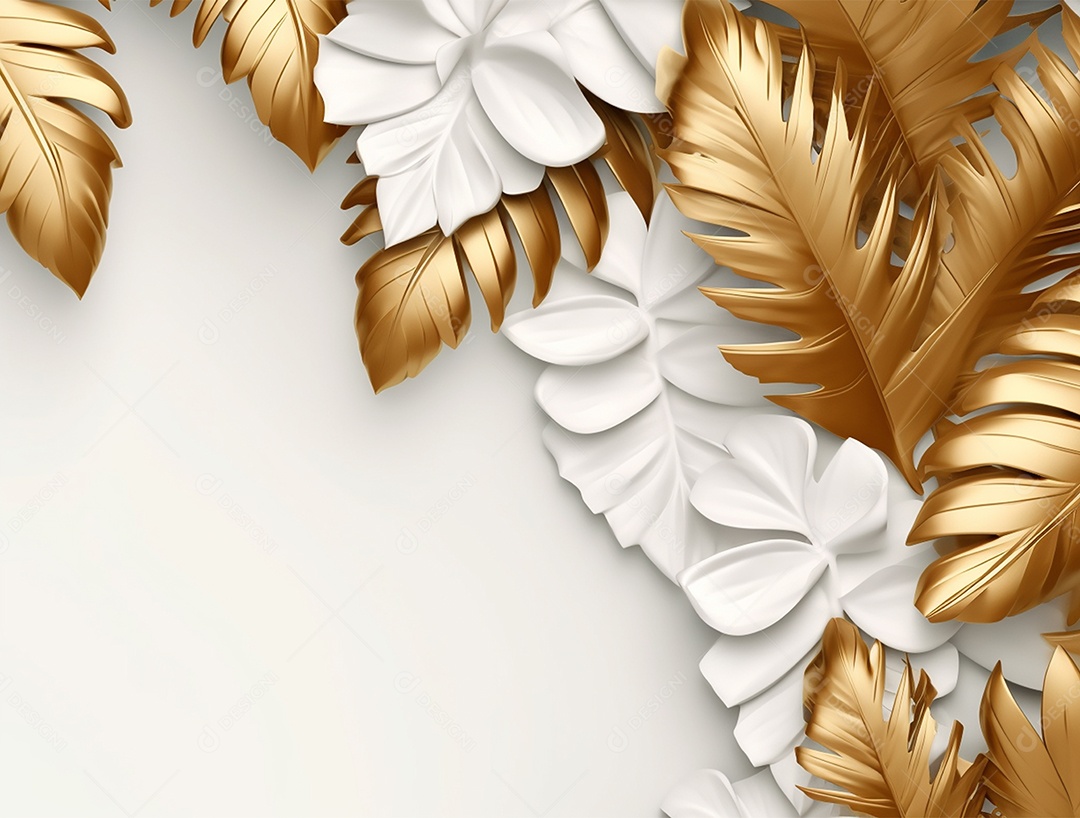 Folhas douradas e brancas sobre fundo branco.