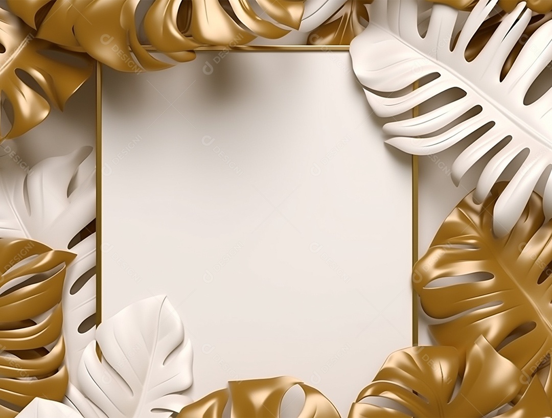 Folhas douradas e brancas sobre fundo branco com moldura.