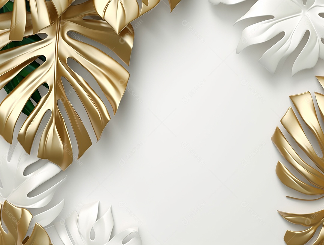 Folhas douradas e brancas sobre fundo branco.