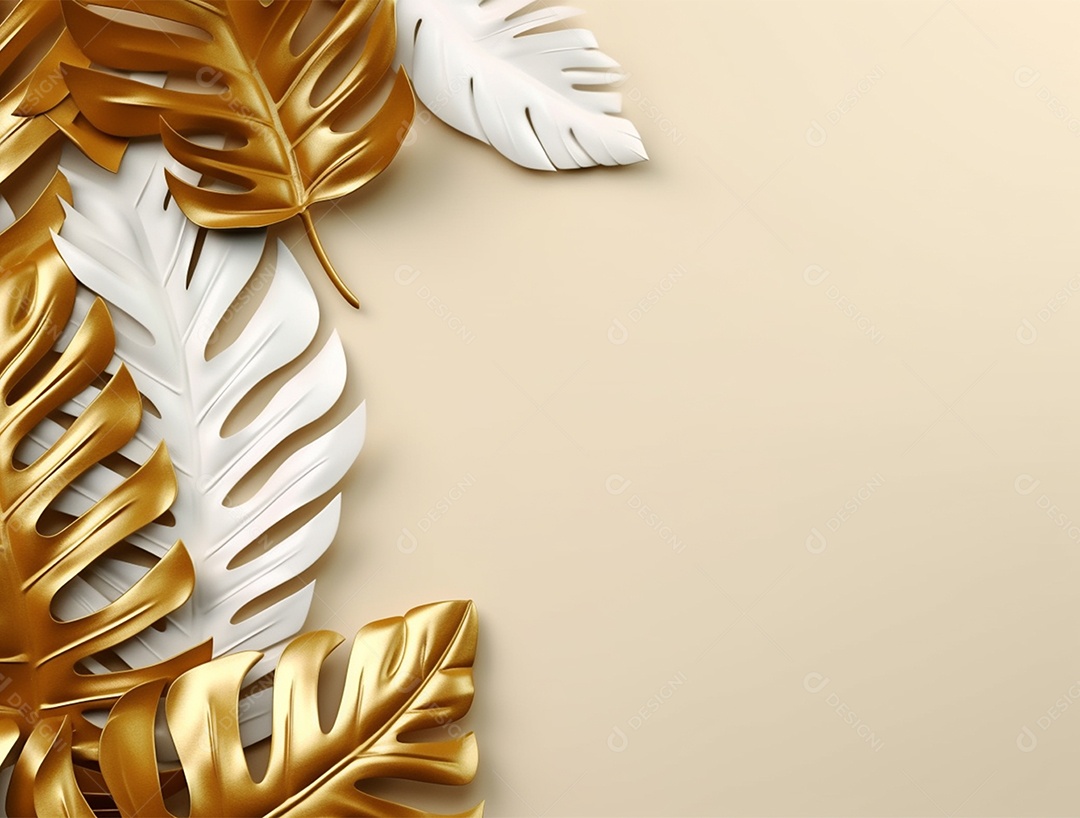 Folhas douradas e brancas sobre fundo bege.