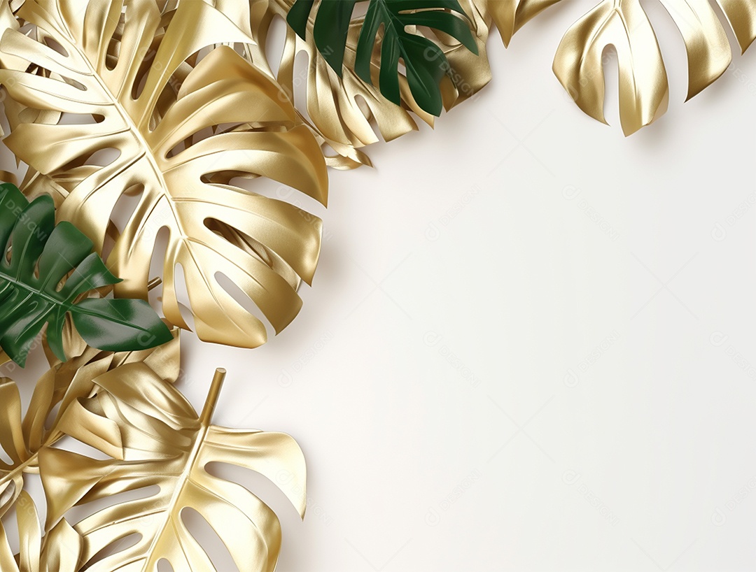Folhas douradas e verdes sobre fundo branco.