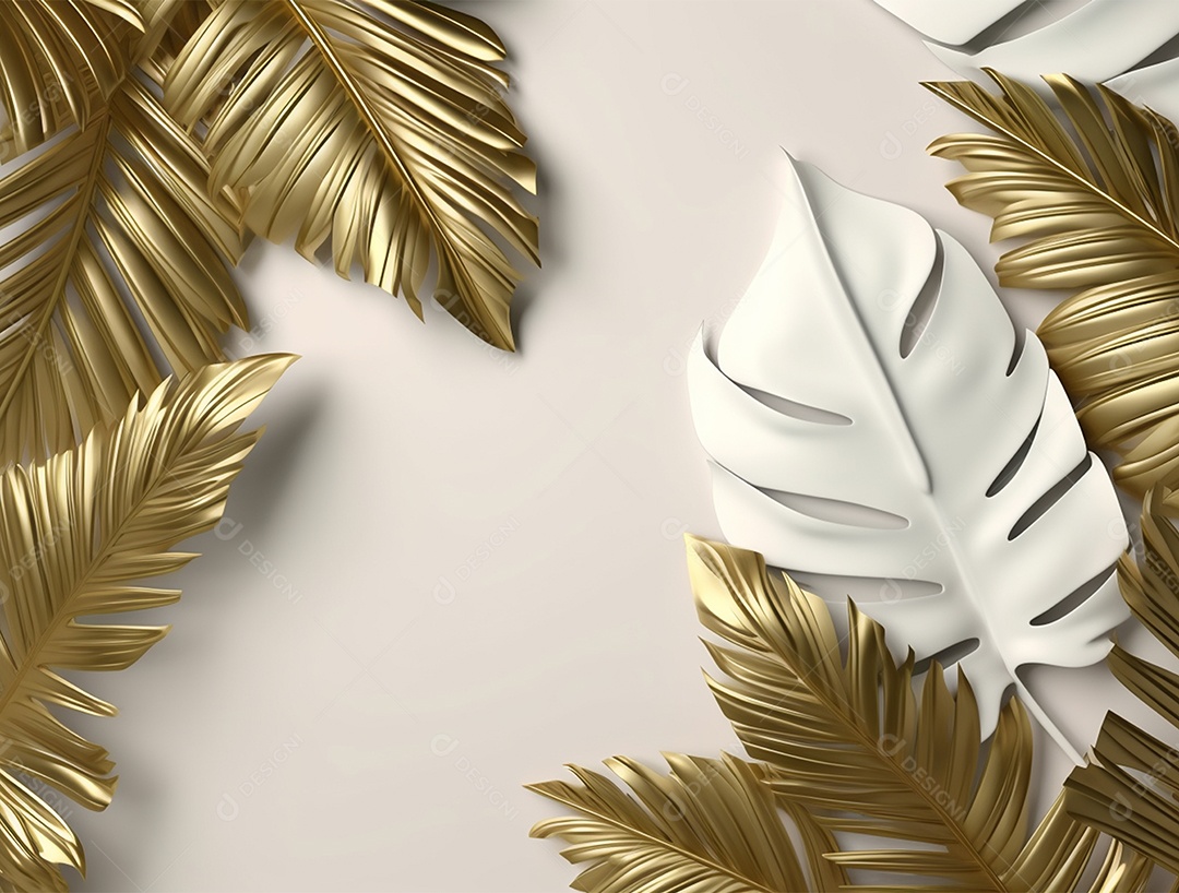 Folhas douradas e brancas sobre fundo branco.