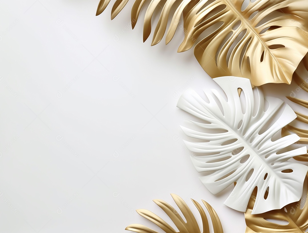 Folhas douradas e brancas sobre fundo branco.