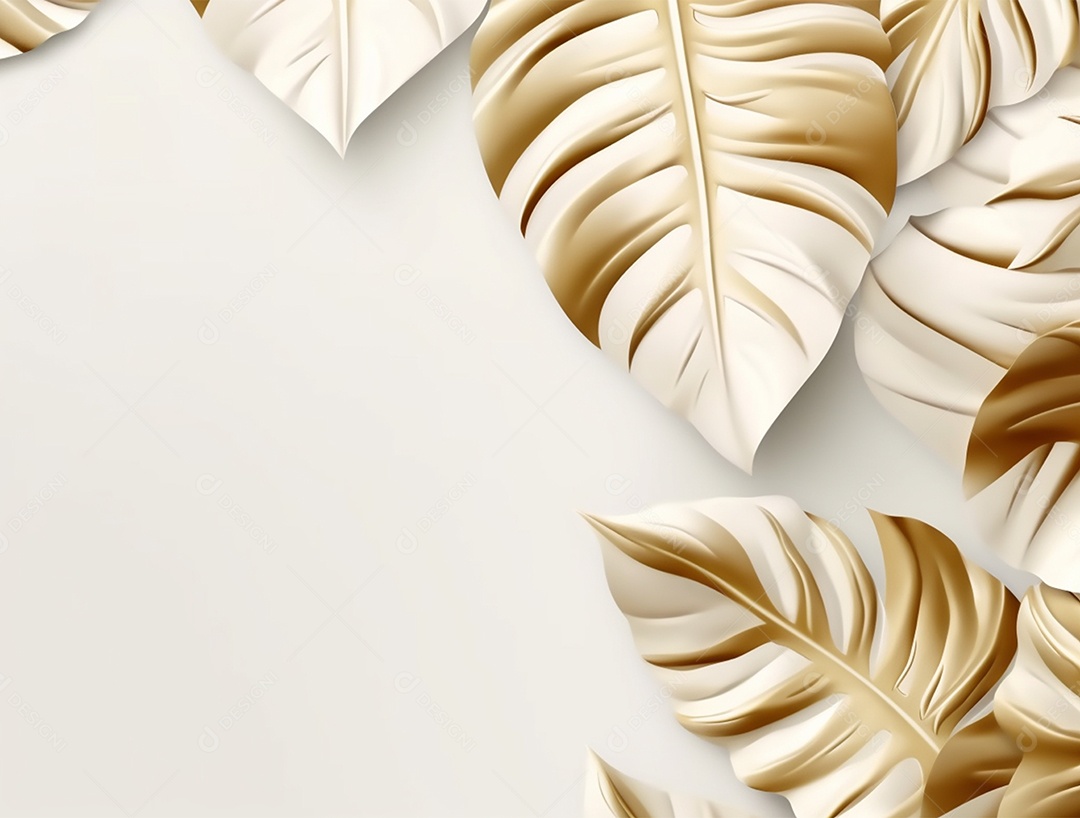 Folhas douradas e brancas sobre fundo branco.