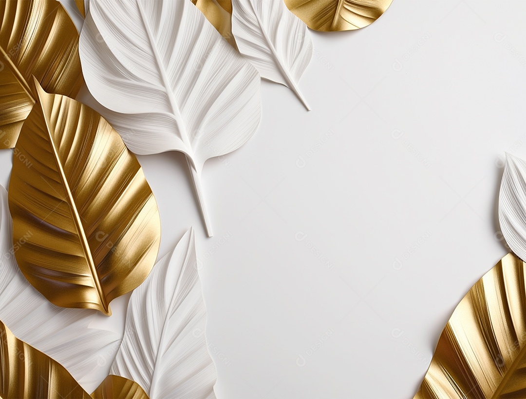 Folhas douradas e brancas sobre fundo branco.