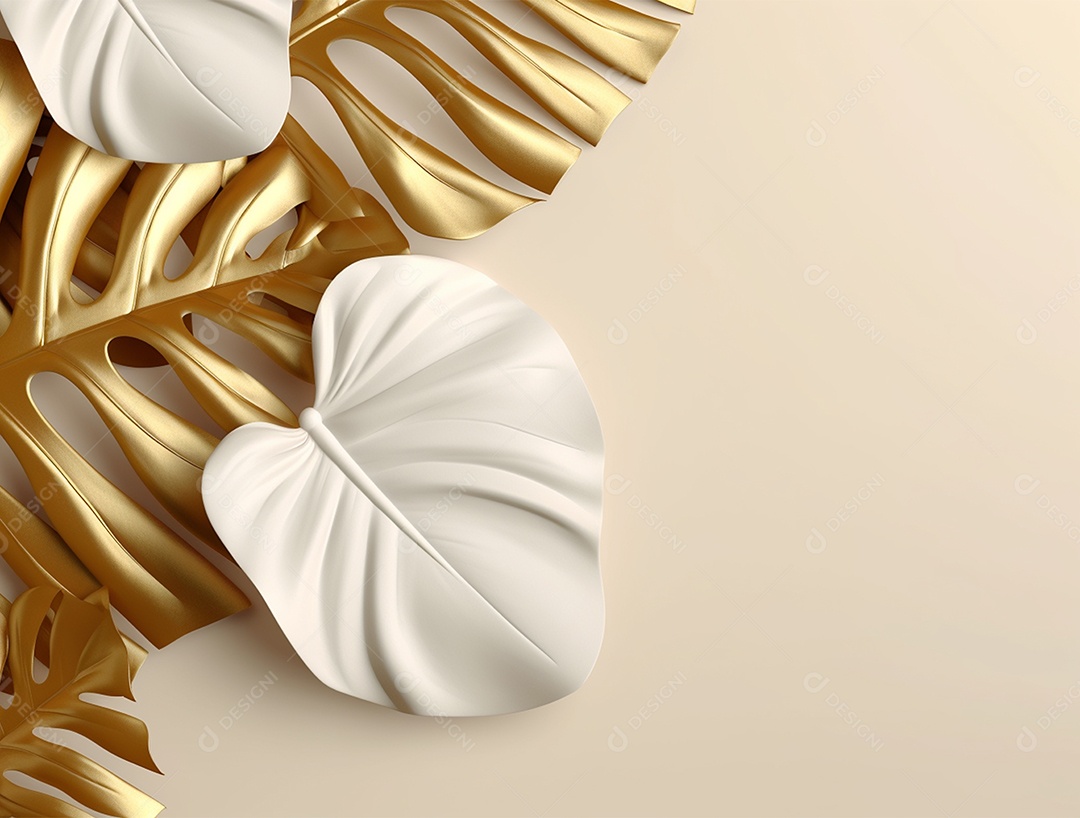 Folhas douradas e brancas sobre fundo branco.