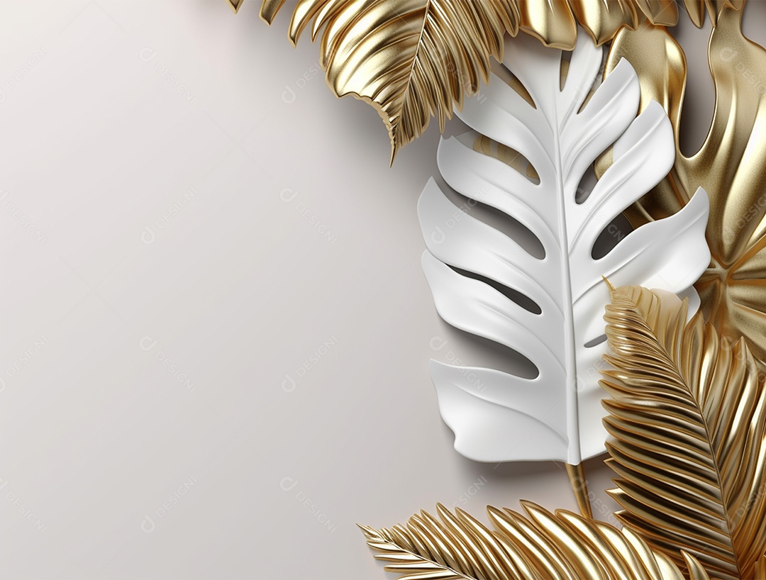 Folhas douradas e brancas sobre fundo branco.