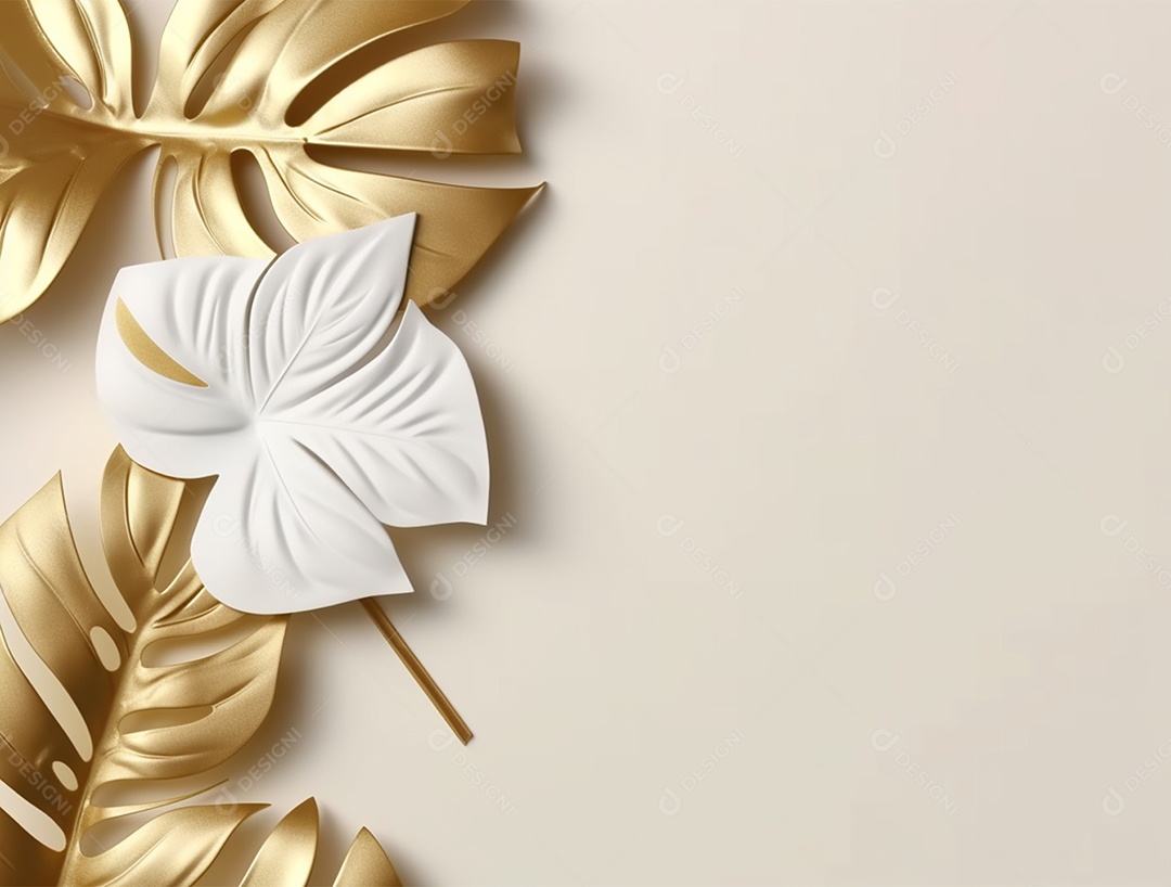 Folhas douradas e brancas sobre fundo branco.