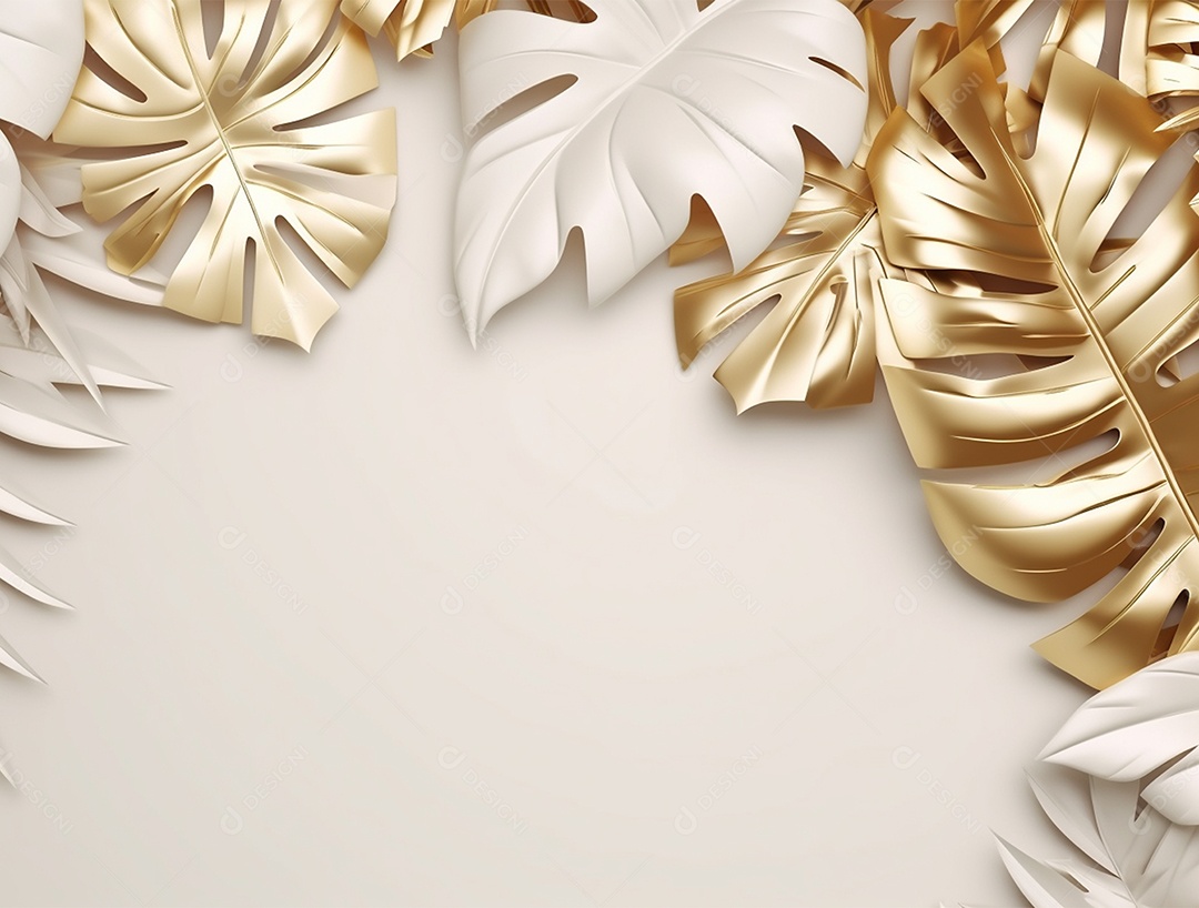 Folhas douradas e brancas sobre fundo branco.
