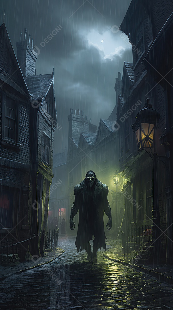 Monstro de Frankenstein caminhando por uma rua estreita à noite
