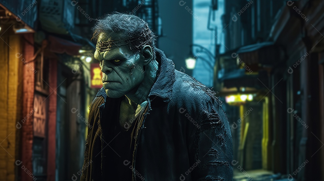 Monstro de Frankenstein caminhando por uma rua estreita à noite