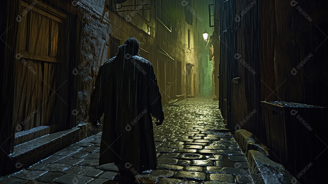 Monstro de Frankenstein caminhando por uma rua estreita à noite