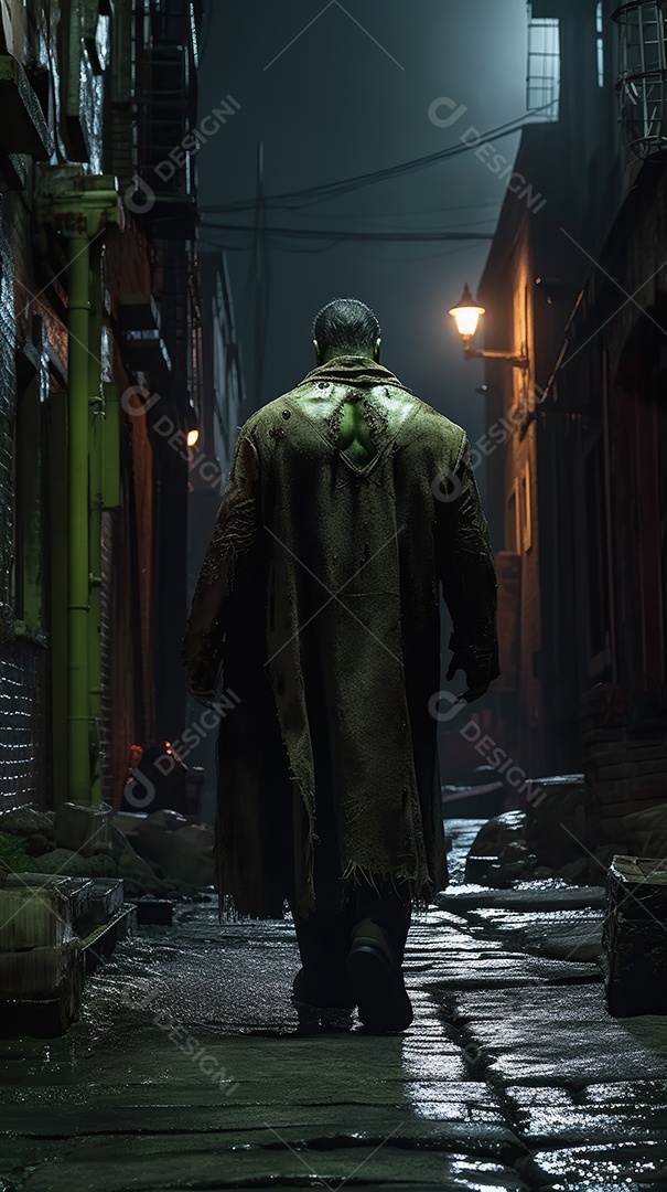 Monstro de Frankenstein caminhando por uma rua estreita à noite