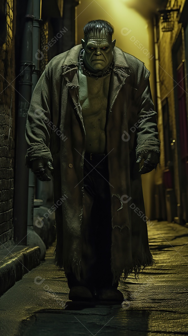 Monstro de Frankenstein caminhando por uma rua estreita à noite