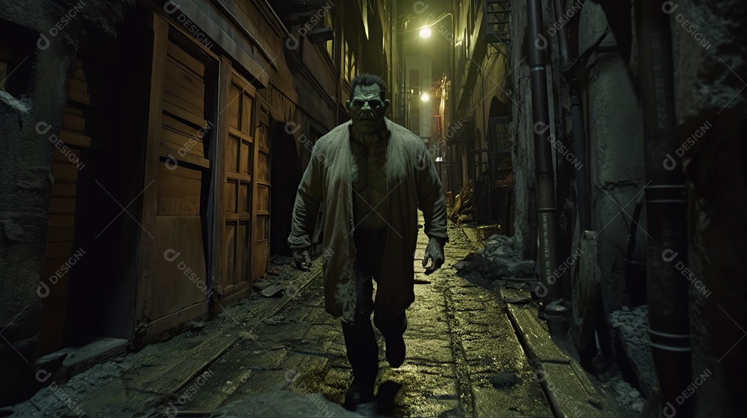 Monstro de Frankenstein caminhando por uma rua estreita à noite