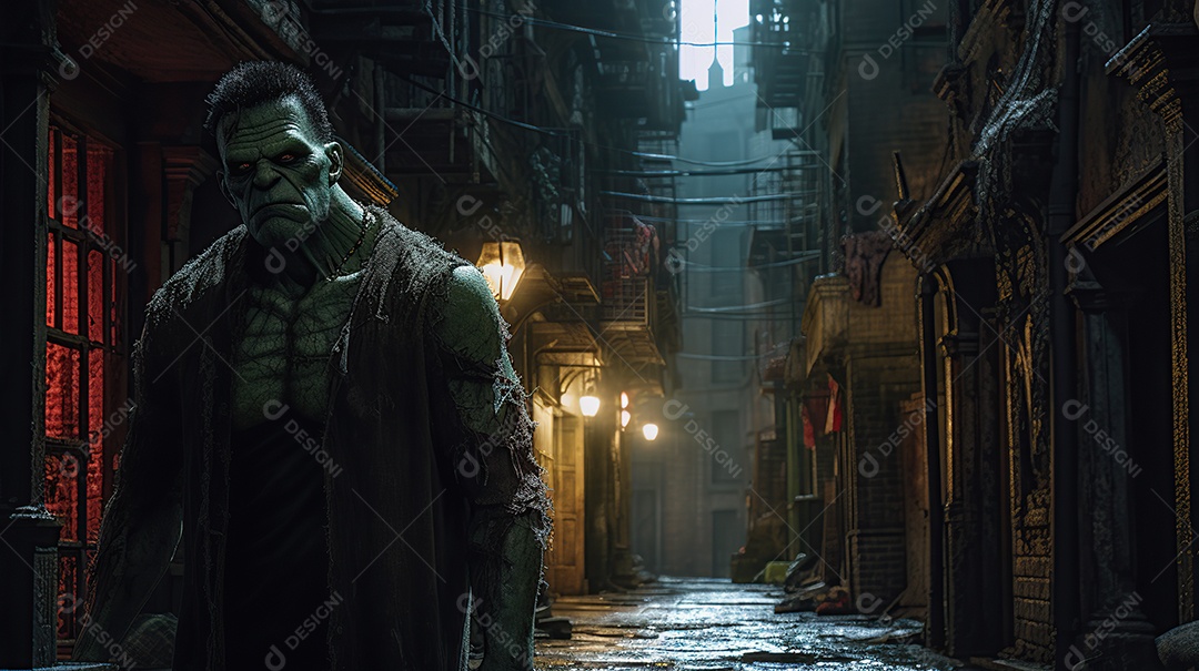 Monstro de Frankenstein caminhando por uma rua estreita à noite