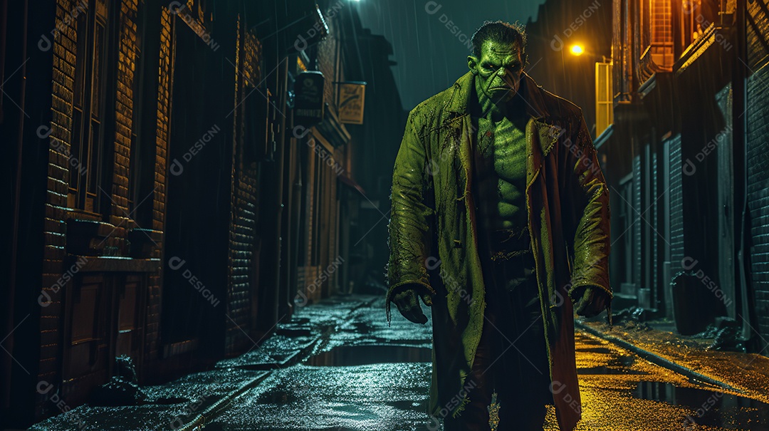 Monstro de Frankenstein caminhando por uma rua estreita à noite