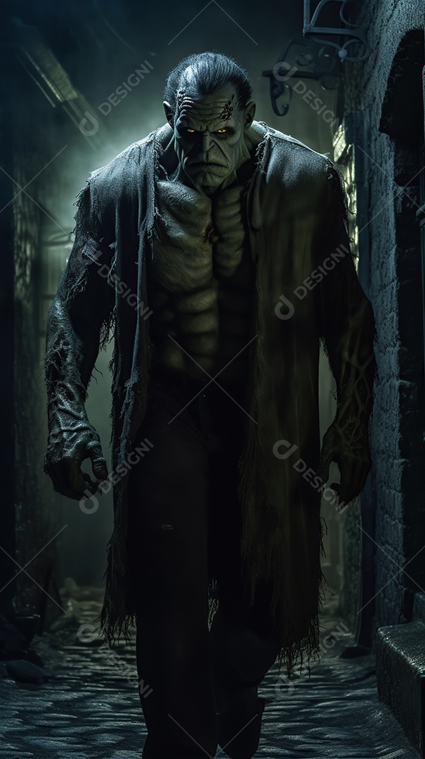 Monstro de Frankenstein caminhando por uma rua estreita à noite