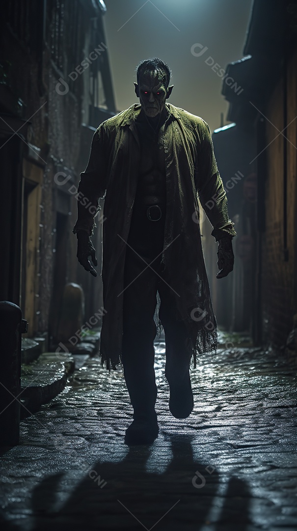 Monstro de Frankenstein caminhando por uma rua estreita à noite