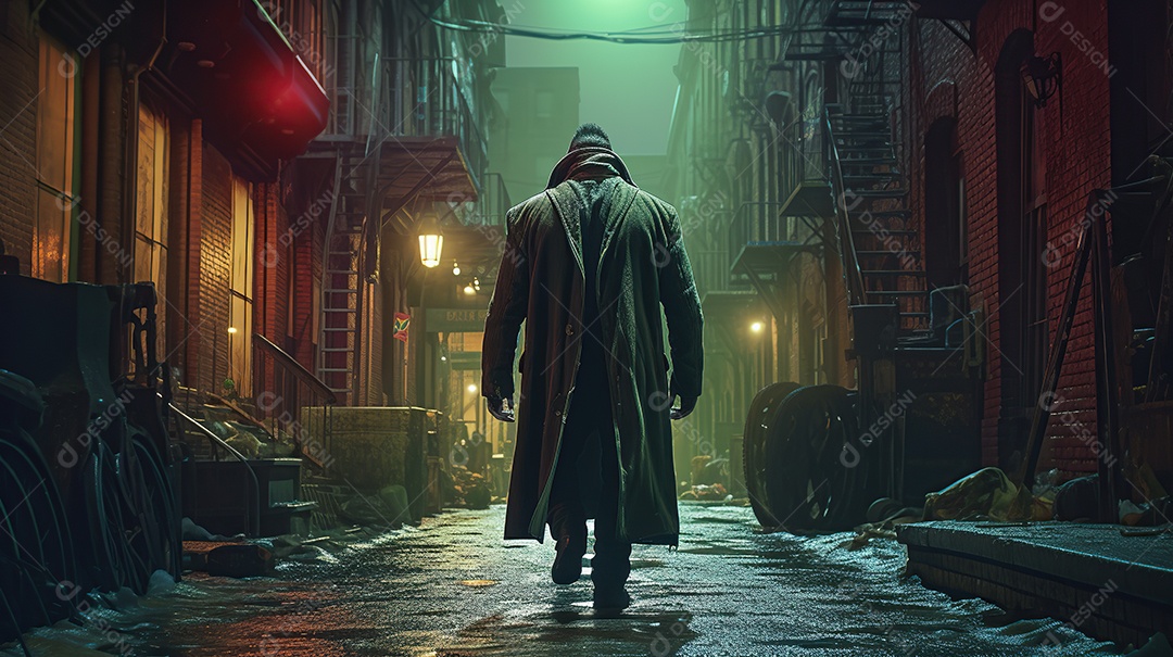 Monstro de Frankenstein caminhando por uma rua estreita à noite