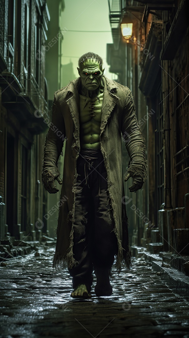 Monstro de Frankenstein caminhando por uma rua estreita à noite