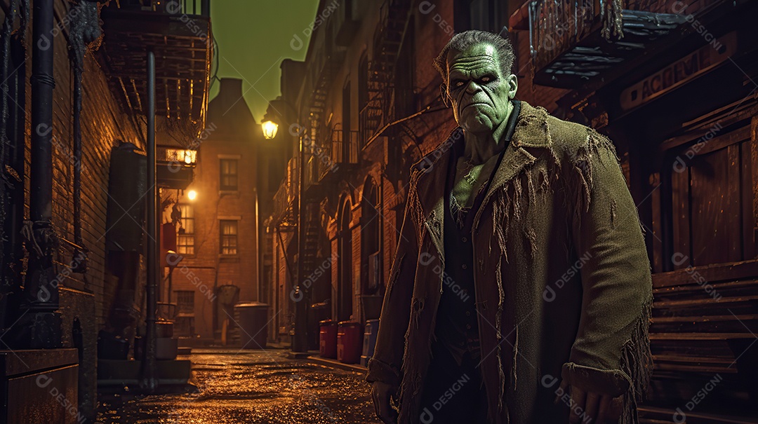 Monstro de Frankenstein caminhando por uma rua estreita à noite
