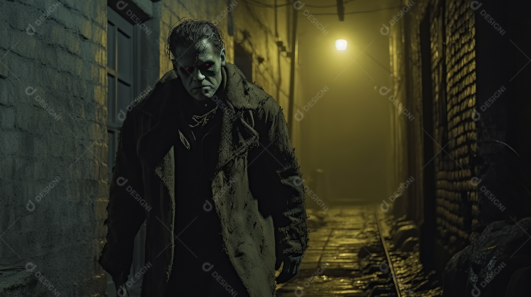 Monstro de Frankenstein caminhando por uma rua estreita à noite