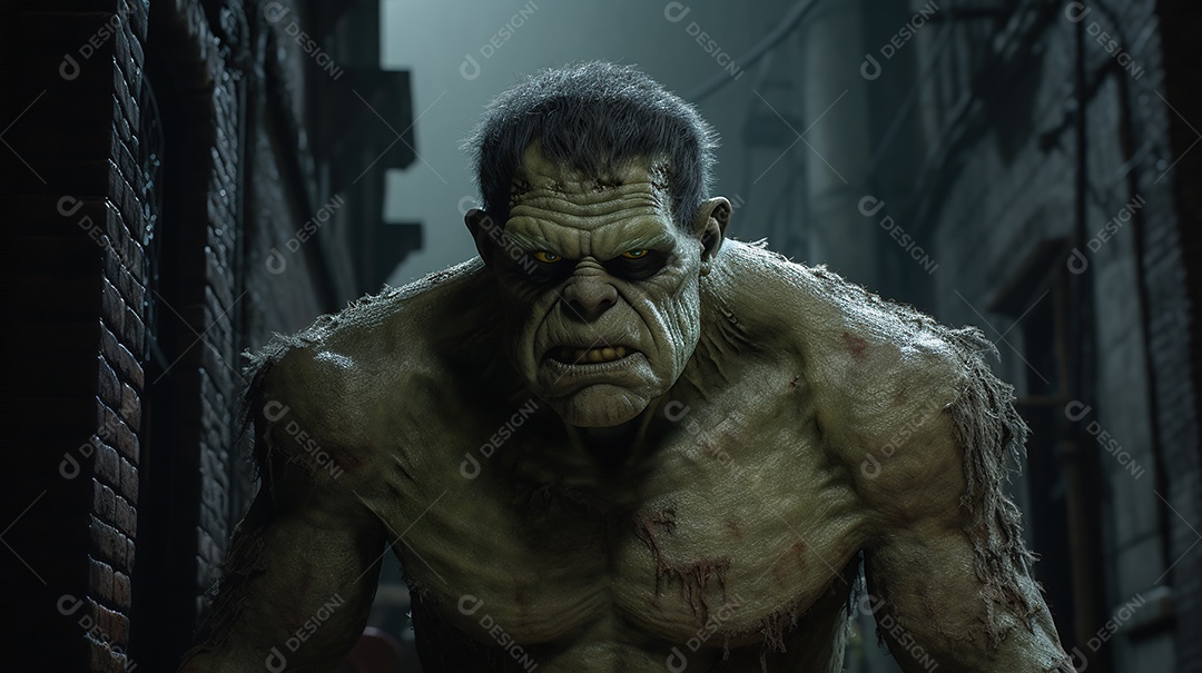 Monstro de Frankenstein caminhando por uma rua estreita à noite