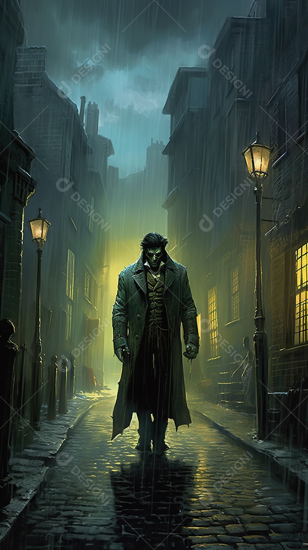 Monstro de Frankenstein caminhando por uma rua estreita à noite