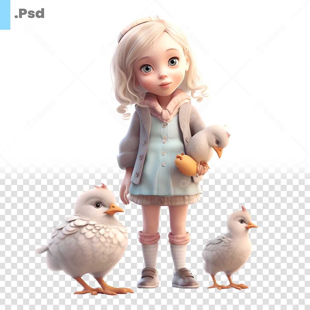 Personagem 3D Criança Com Aves Brancas PSD