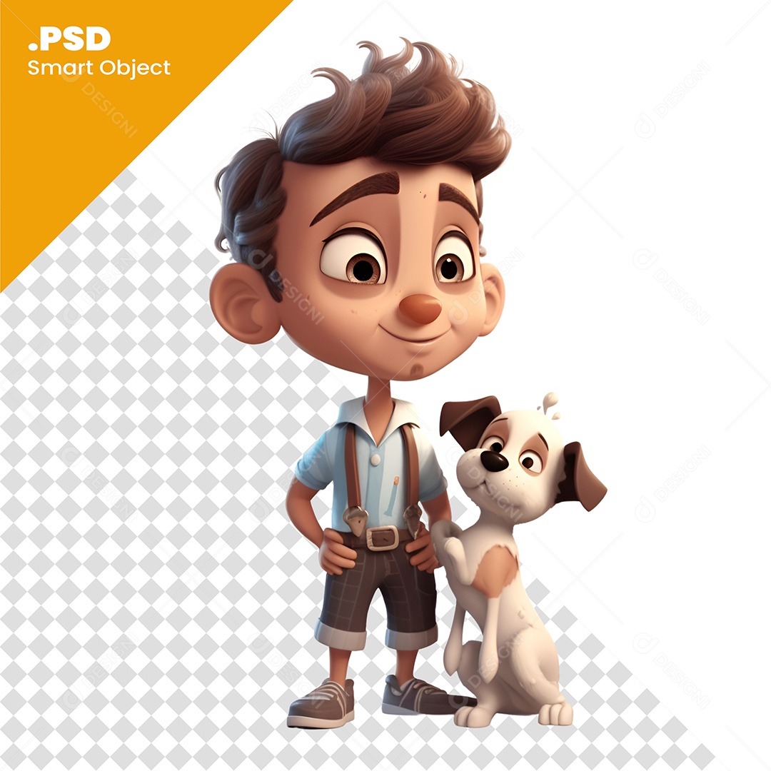 Personagem 3D Menino Com Animal Cachorro PSD