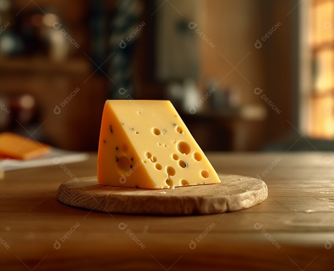 Pedaço de queijo sobre tábua de madeira