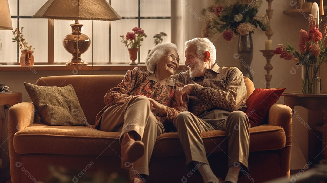 Casal de idosos sentados no sofá