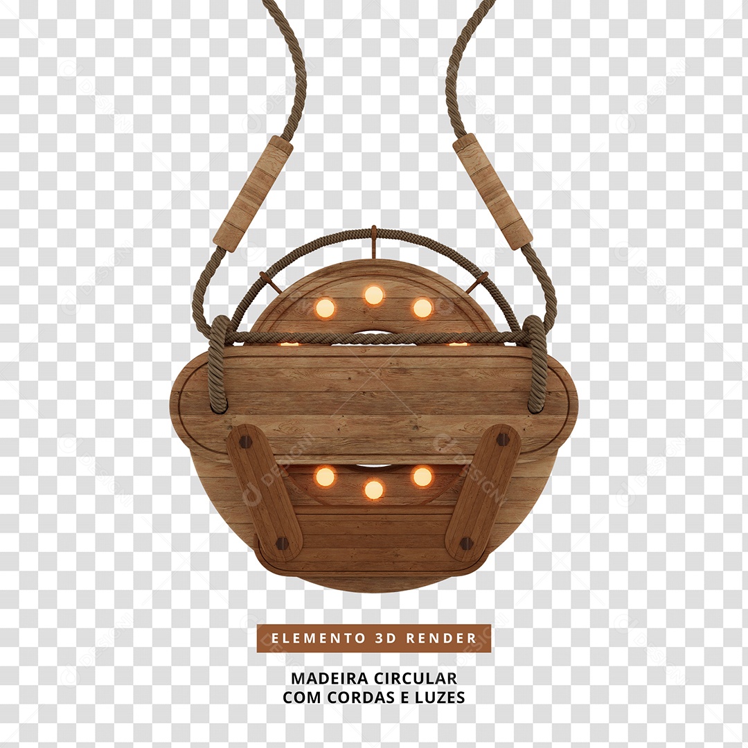 Elemento 3D Madeira Circular Com Cordas e Luzes Para Composição PSD