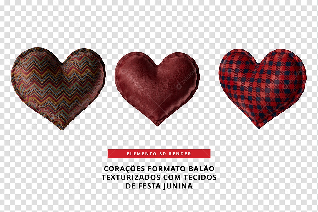 Coração Formato Balão Texturizado Com Tecidos De Festa Junina Elemento 3D Para Composição PSD