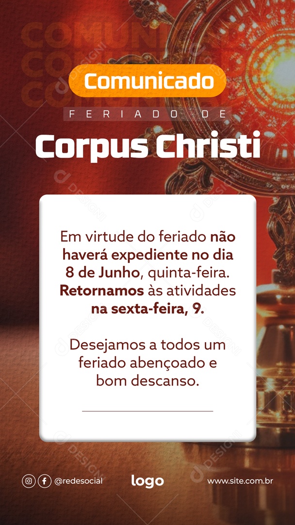 Social Media Story Comunicado Feriado Dos Corpus Christi PSD Editável