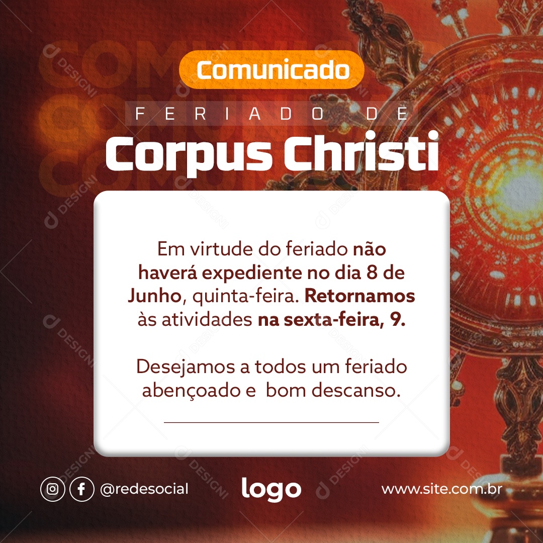 Social Media Feed Comunicado Feriado Dos Corpus Christi PSD Editável